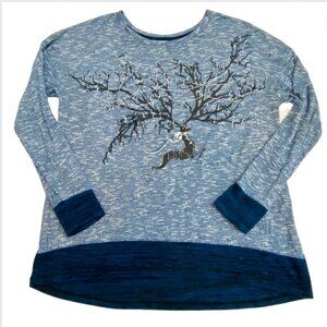 Style & Co. Blue Holiday Reindeer Long Sleeve Top, XL